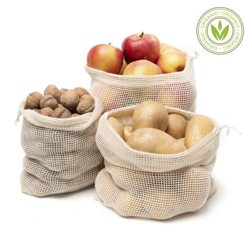 organic mesh drawstring pouches reusable cotton bags in 3 sizes filled with goods, as direct import or stock items at SUWI