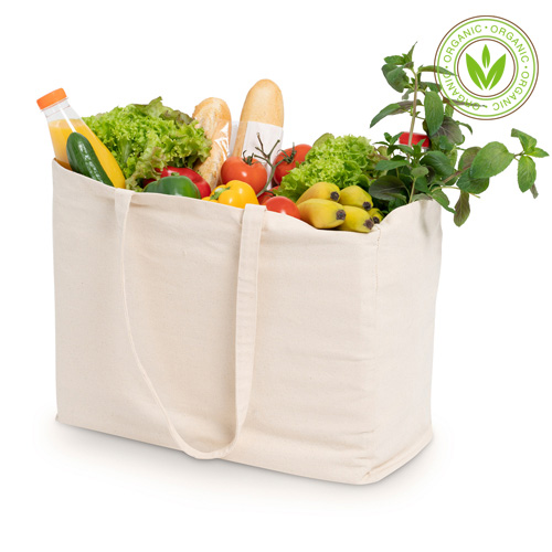 Grocery shopping bag XXL Shopper in the color nature filled with products, as direct import or stock goods at SUWI