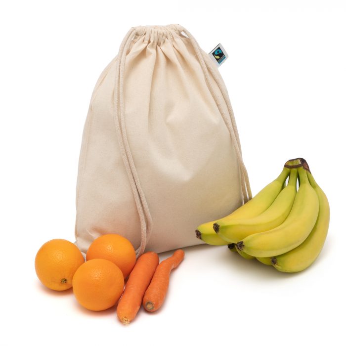 Turnbeutel Fairtrade Zertifiziert Gymsack natur auch als Einkaufsbeutel für Obst und Gemüse geeignet