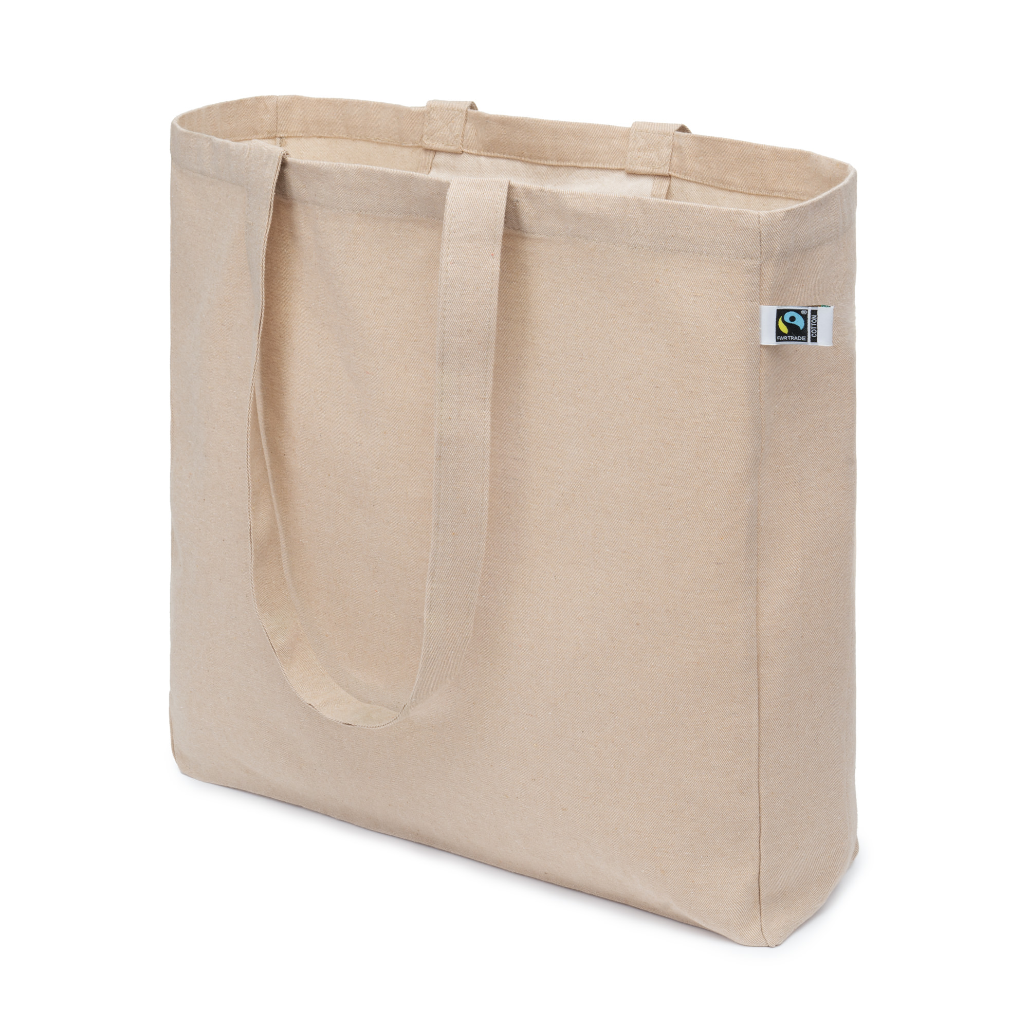 Twill Bag recycelte Baumwollte in der Farbe natur in der Seitenansicht stehend mit hängenden Henkeln bei Suwi Werbetextilien