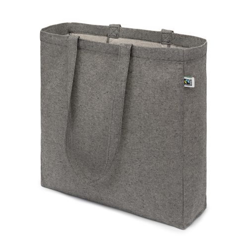 Twill Bag recycelte Baumwollte in der Farbe natur grau in der Seitenansicht stehend mit hängenden Henkeln bei Suwi Werbetextilien